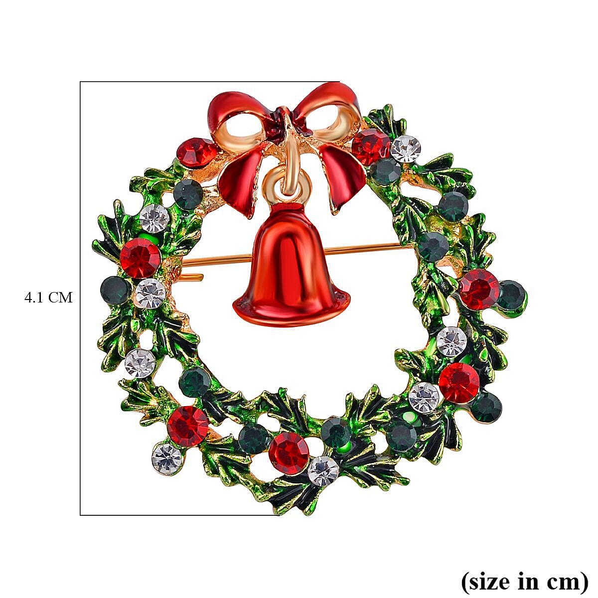 Multi Colour Crystal Christmas Wreath with Bell Brooch in Yellow Gold Plated V32512401 6