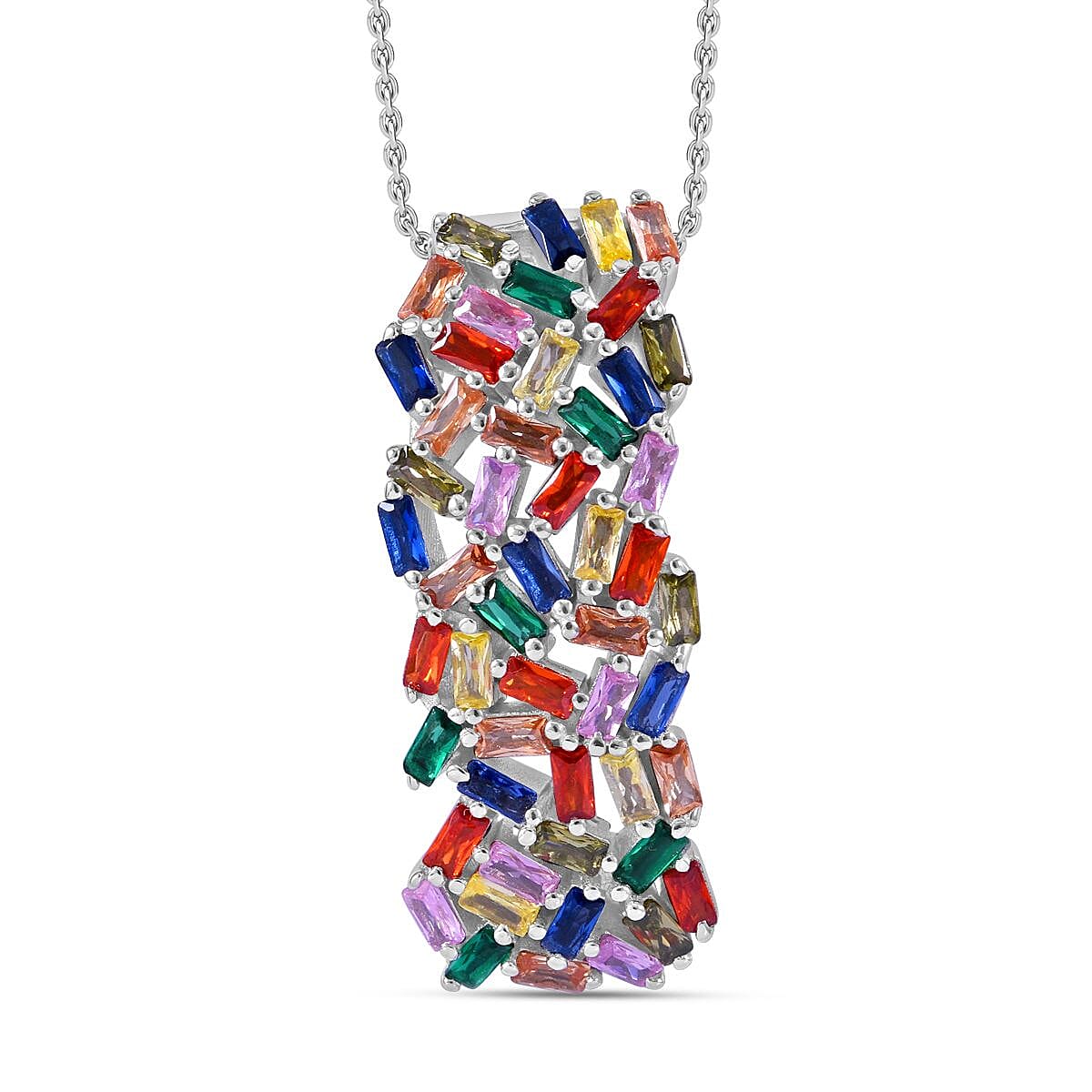 Lustro Stella - Multi Colour Cubic Zirconia Fire Cracker Pendant with Chain (Size 20) in Rhodium Overlay Sterling Silver , Silver Wt. 6.80 Gms 4253865 0