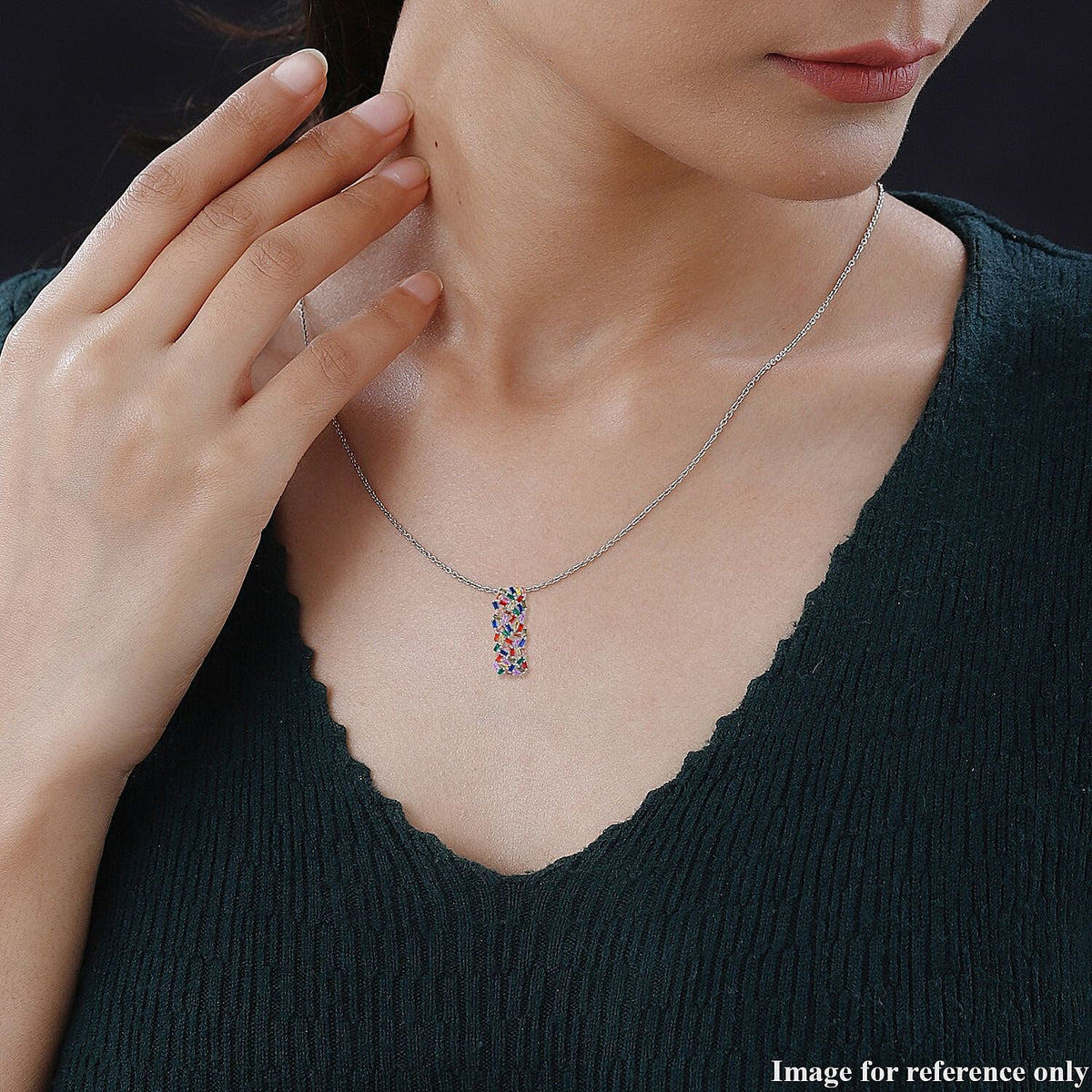 Lustro Stella - Multi Colour Cubic Zirconia Fire Cracker Pendant with Chain (Size 20) in Rhodium Overlay Sterling Silver , Silver Wt. 6.80 Gms 4253865 2