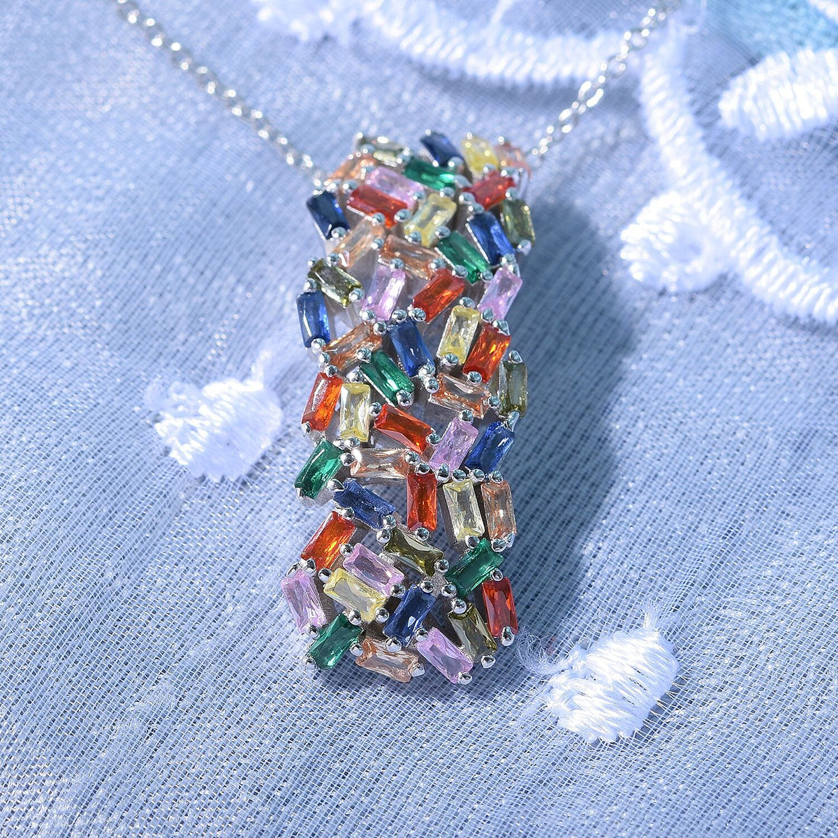 Lustro Stella - Multi Colour Cubic Zirconia Fire Cracker Pendant with Chain (Size 20) in Rhodium Overlay Sterling Silver , Silver Wt. 6.80 Gms 4253865 3