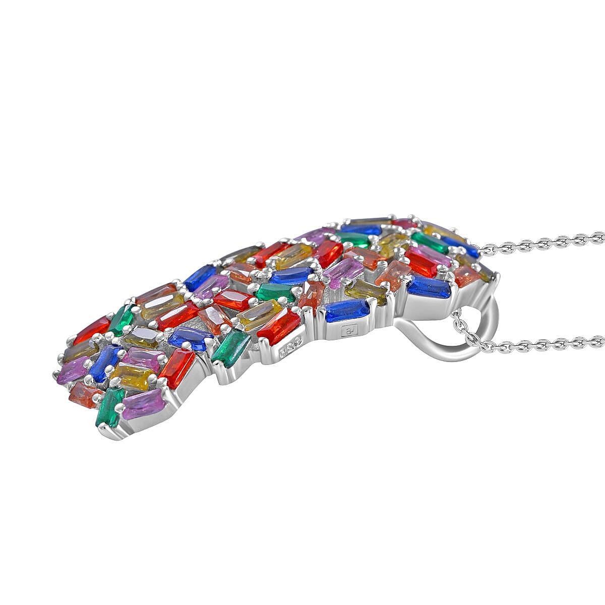 Lustro Stella - Multi Colour Cubic Zirconia Fire Cracker Pendant with Chain (Size 20) in Rhodium Overlay Sterling Silver , Silver Wt. 6.80 Gms 4253865 4