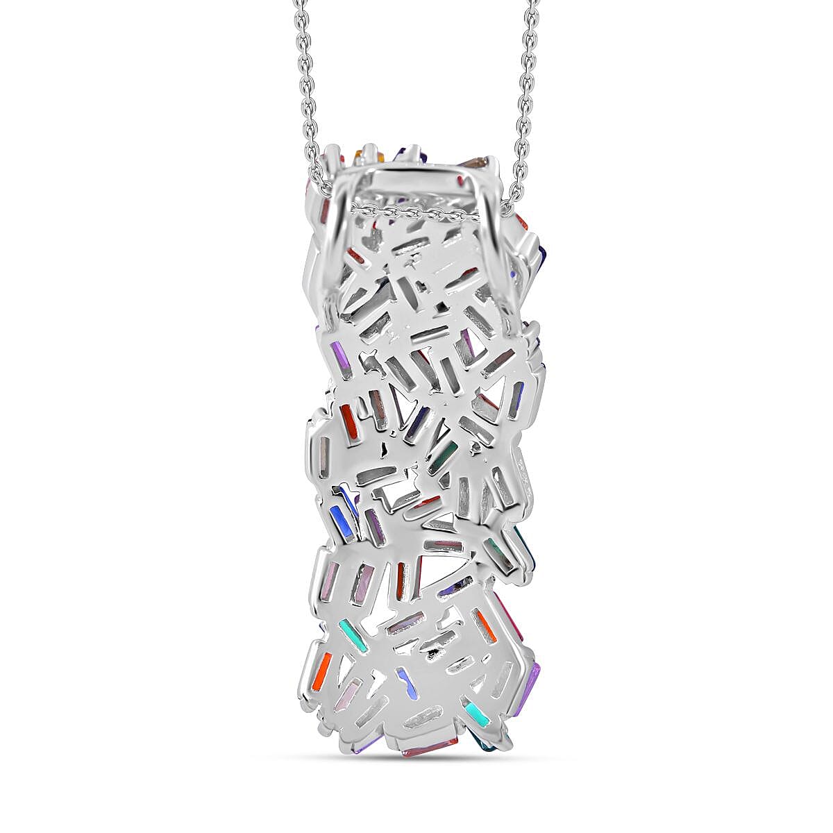 Lustro Stella - Multi Colour Cubic Zirconia Fire Cracker Pendant with Chain (Size 20) in Rhodium Overlay Sterling Silver , Silver Wt. 6.80 Gms 4253865 5