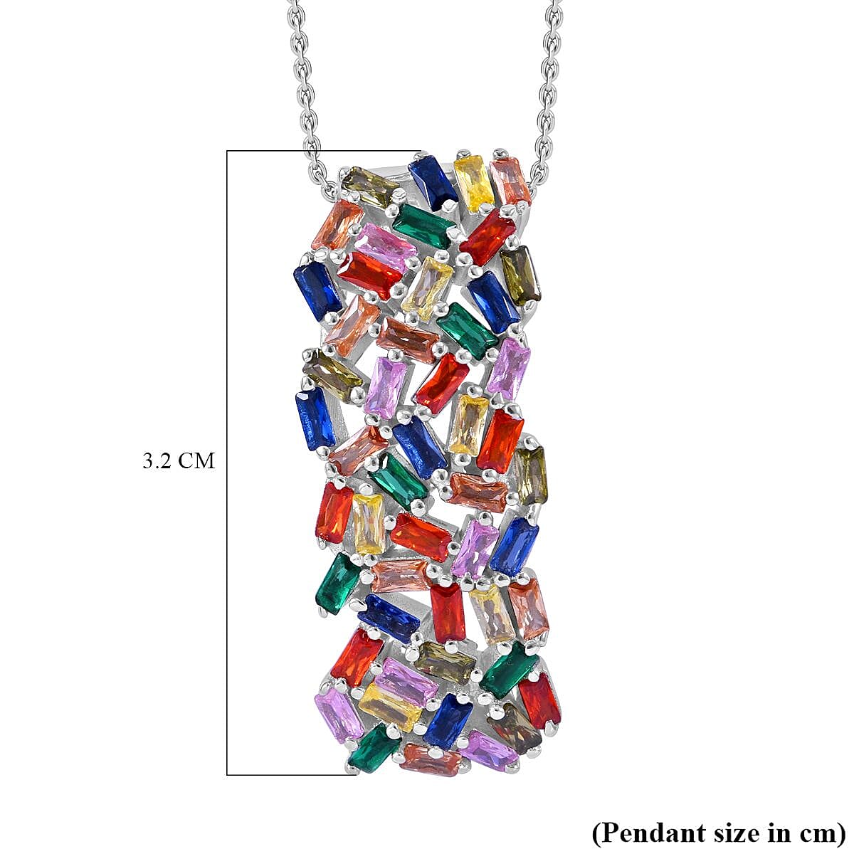 Lustro Stella - Multi Colour Cubic Zirconia Fire Cracker Pendant with Chain (Size 20) in Rhodium Overlay Sterling Silver , Silver Wt. 6.80 Gms 4253865 6