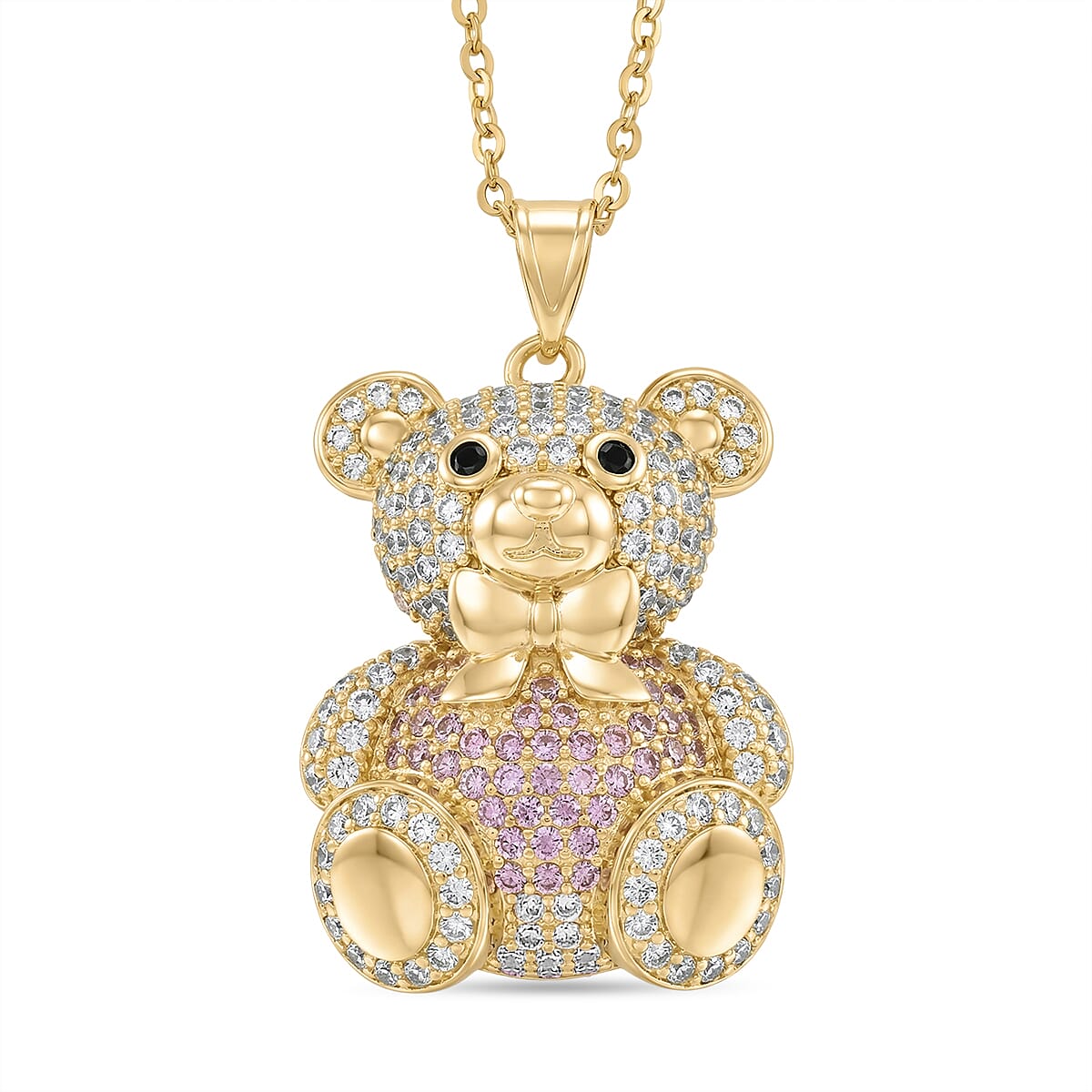 Designer Inspired - Cubic Zirconia Teddy Bear Pendant with Chain (Size 20) in Yellow Gold Plated - Pink