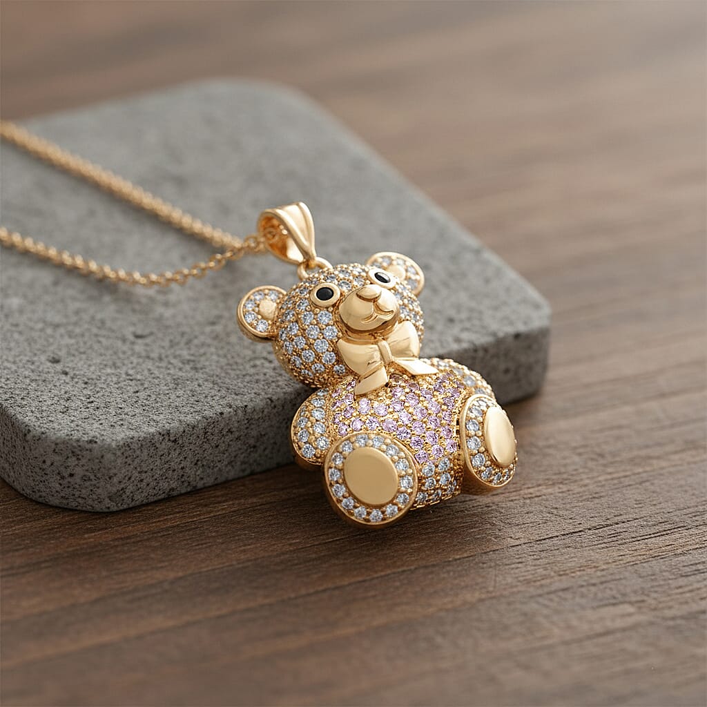 Designer Inspired-  Cubic Zirconia Teddy Bear Pendant with Chain (Size 20) in Yellow Gold Plated- Pink 4442748 2