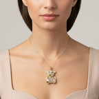 Designer Inspired-  Cubic Zirconia Teddy Bear Pendant with Chain (Size 20) in Yellow Gold Plated- Pink