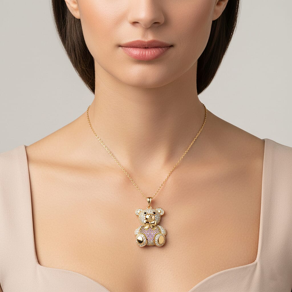 Designer Inspired-  Cubic Zirconia Teddy Bear Pendant with Chain (Size 20) in Yellow Gold Plated- Pink 4442748 3