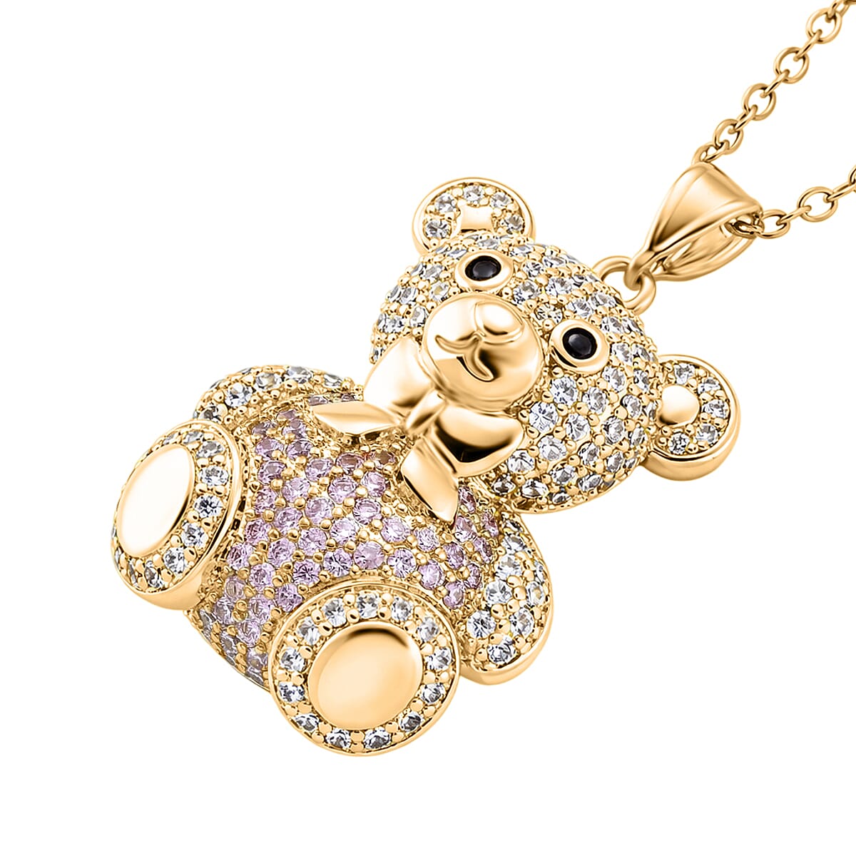 Designer Inspired-  Cubic Zirconia Teddy Bear Pendant with Chain (Size 20) in Yellow Gold Plated- Pink 4442748 4