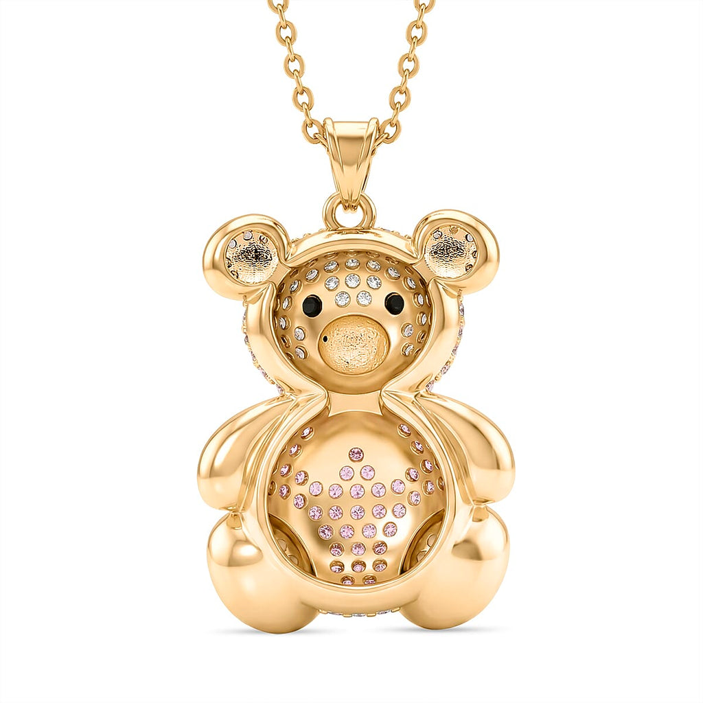 Designer Inspired-  Cubic Zirconia Teddy Bear Pendant with Chain (Size 20) in Yellow Gold Plated- Pink