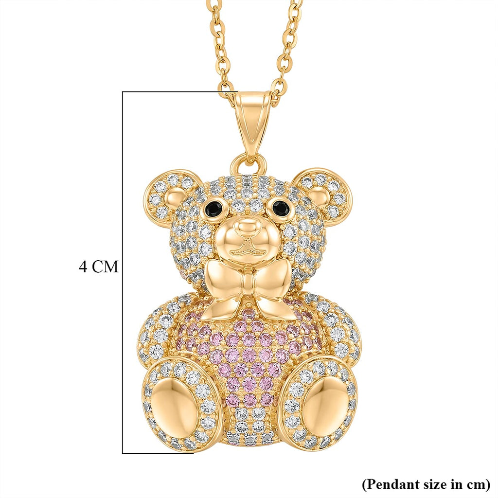 Designer Inspired-  Cubic Zirconia Teddy Bear Pendant with Chain (Size 20) in Yellow Gold Plated- Pink