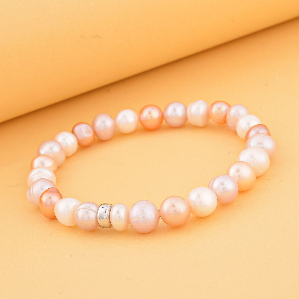Multi Colour Fresh Water Pearl Stretchable Bracelet (Size - 7) in Rhodium Overlay Sterling Silver