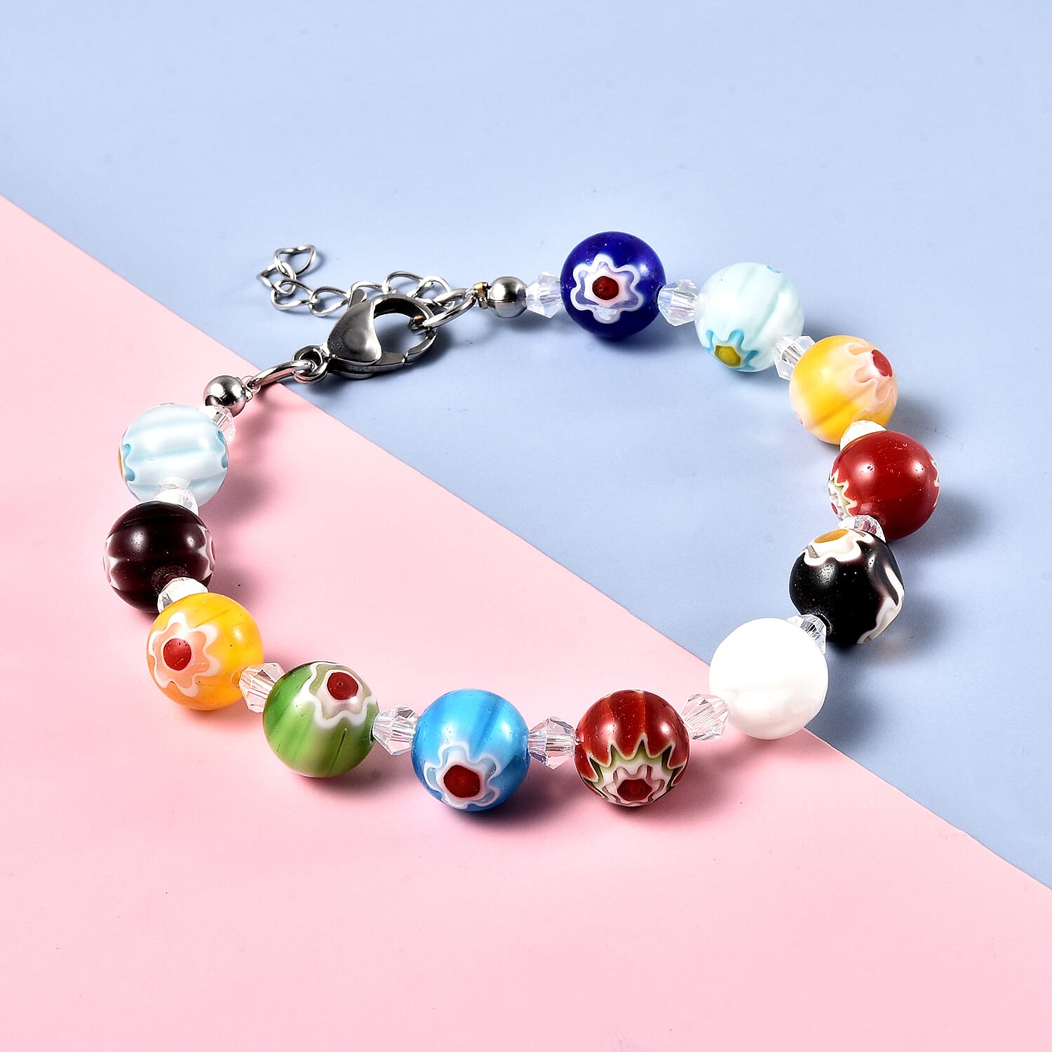 Multi Colour Murano Glass Inspired Bracelet with Simulated Diamond Beads Size 7.5 Inch 1.5 Extender in Silver Tone 6254278 2