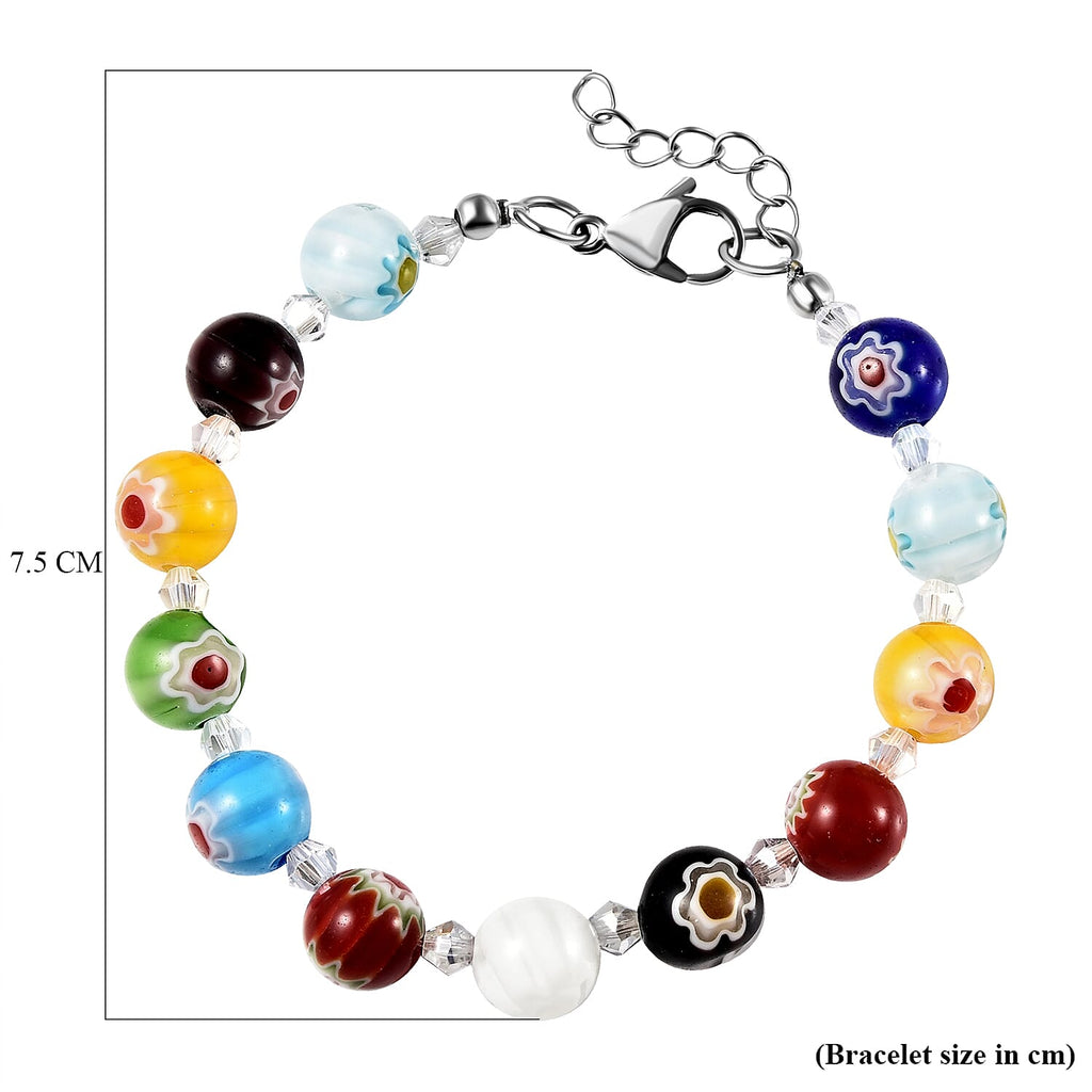 Multi Colour Murano Style Glass and Simulated Diamond Beads Bracelet (Size - 7.5 - 1.5 Extender)