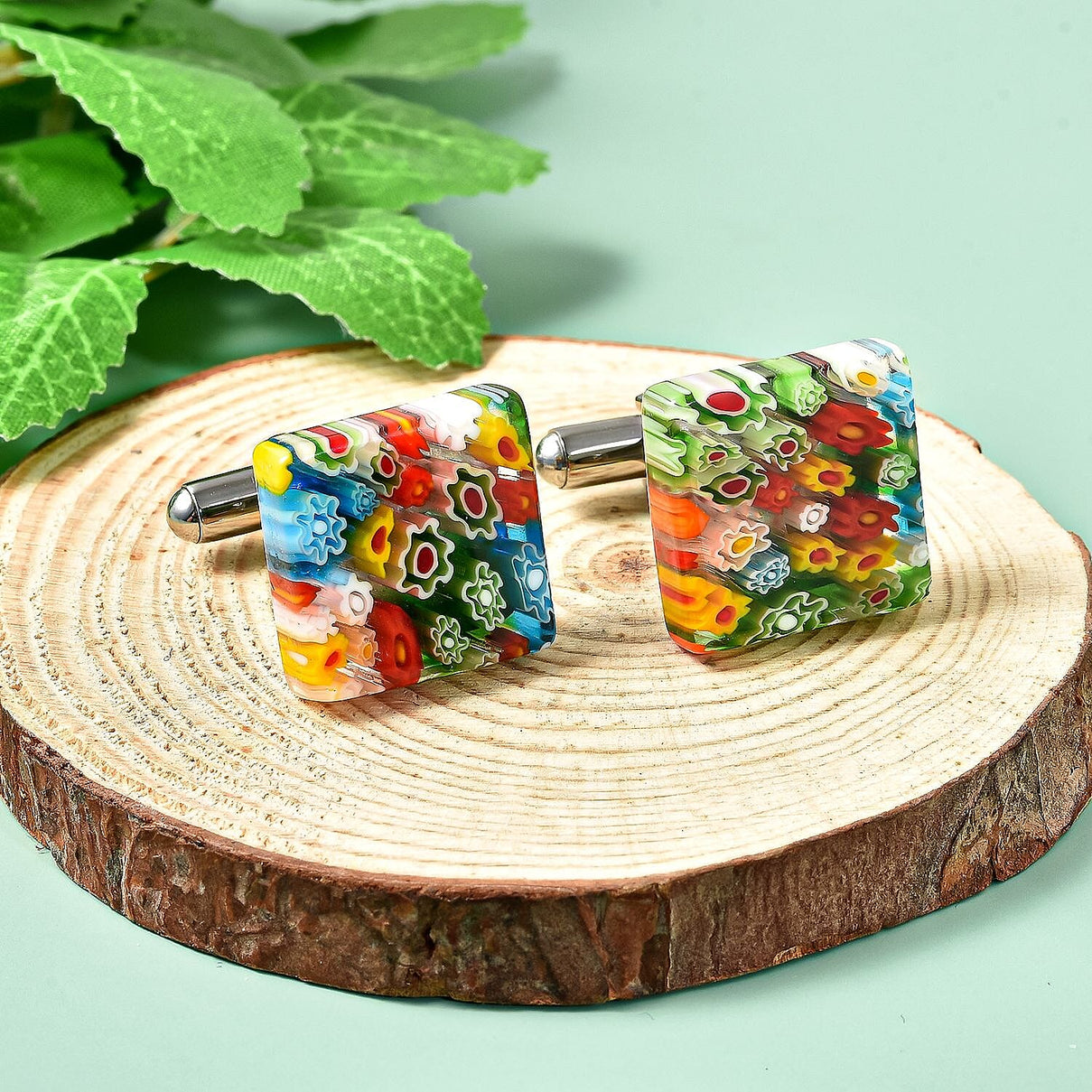 Multi Colour Murano Style Glass Cufflinks in Stainless Steel 3621394 2