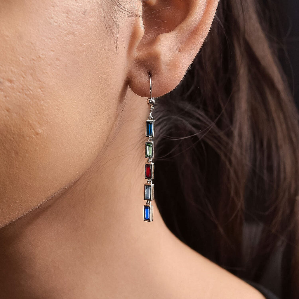 Multi Crystal Dangling Earrings (with Lever Back) in Platinum Overlay Sterling Silver 1.33 Ct