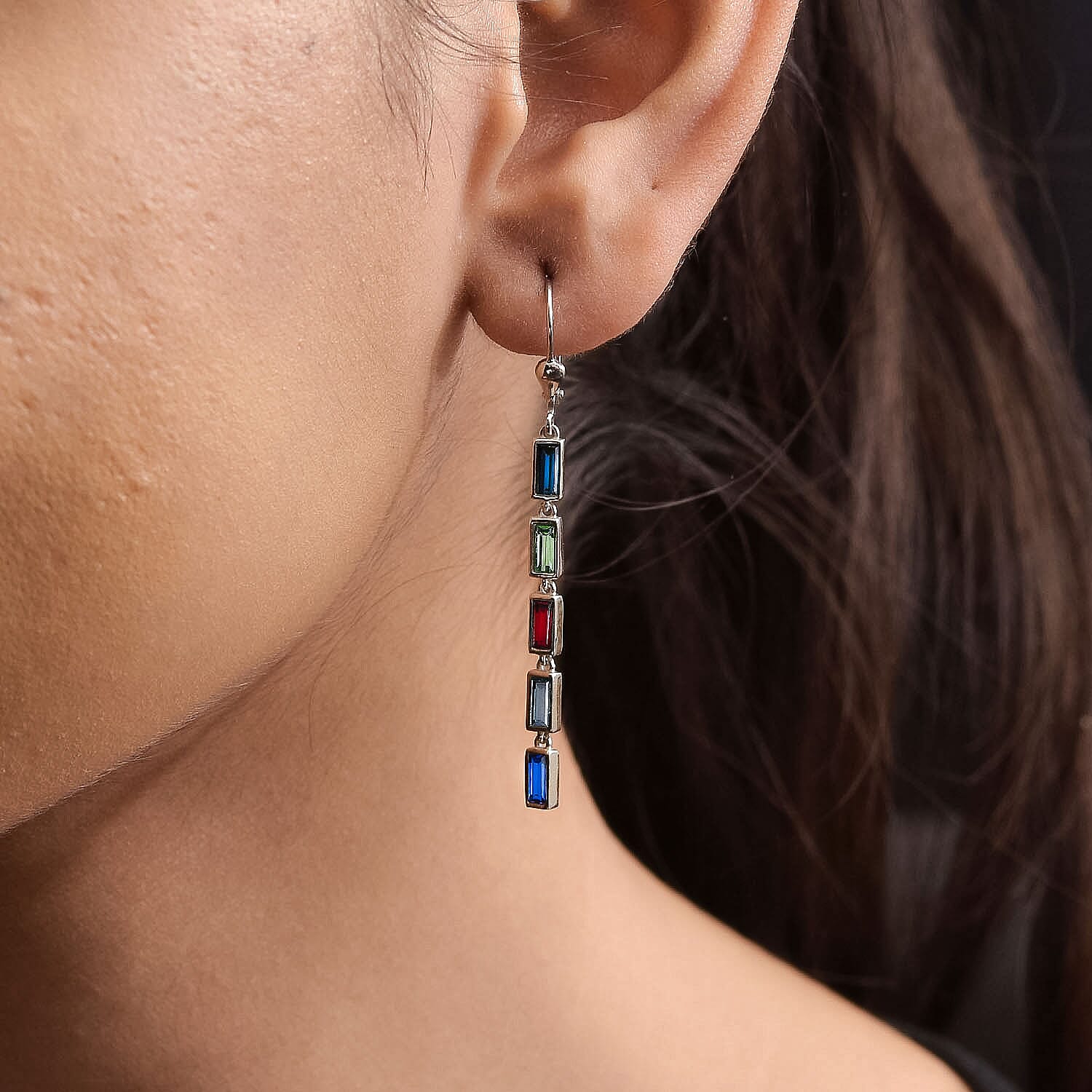 Multi Crystal Dangling Earrings (with Lever Back) in Platinum Overlay Sterling Silver 1.33 Ct 3846979 3