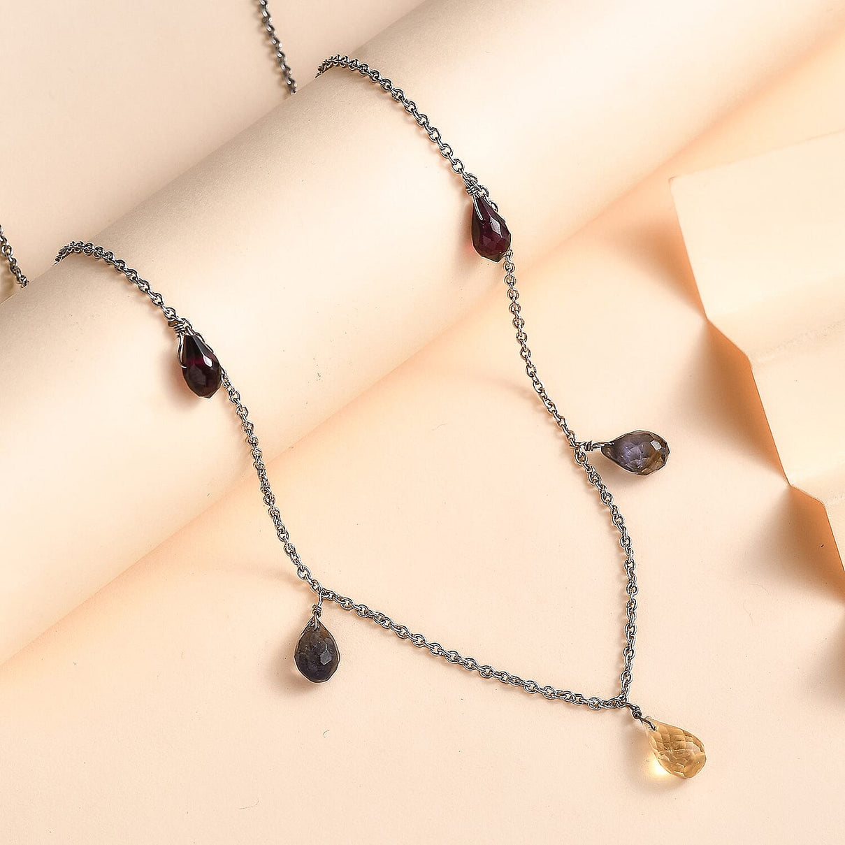 Multi Gemstones Station Necklace (Size - 18) in Rhodium Overlay Sterling Silver 12.0 Ct. 7955927 1