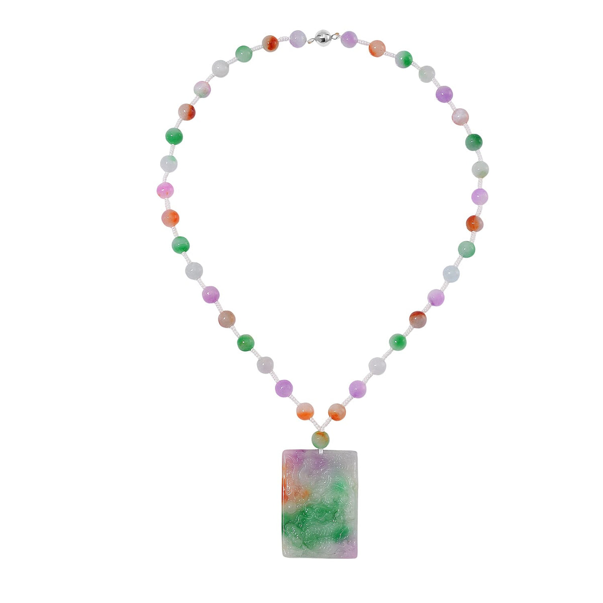Rainbow Colour Dragon Carved Jade Necklace (Size 20) in Rhodium Overlay Sterling Silver 300.00 Ct. 7976900 7