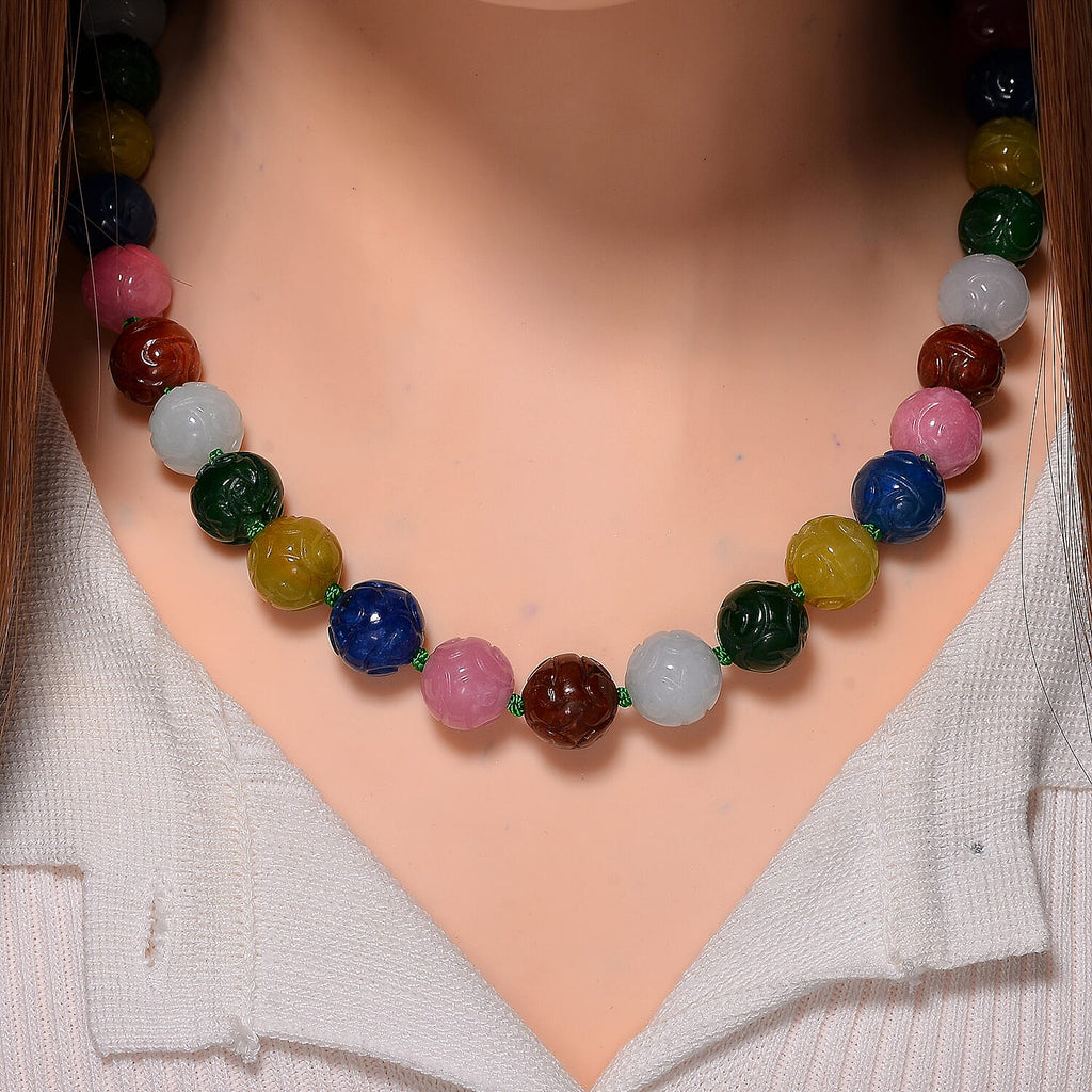 Multi Jade Beads Necklace (Size - 20) with Magnetic Clasp in Rhodium Overlay Sterling Silver 490.00 Ct.