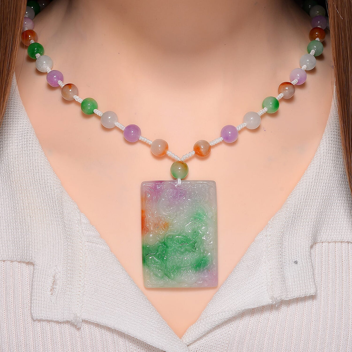 Rainbow Colour Dragon Carved Jade Necklace (Size 20) in Rhodium Overlay Sterling Silver 300.00 Ct. 7976900 5