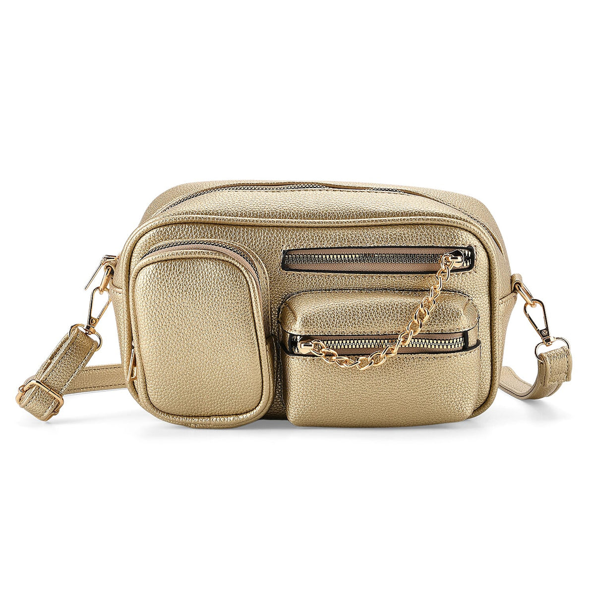 Multi-Pocket Crossbody Bag with Gold Chain Detail - Gold V32668469 0