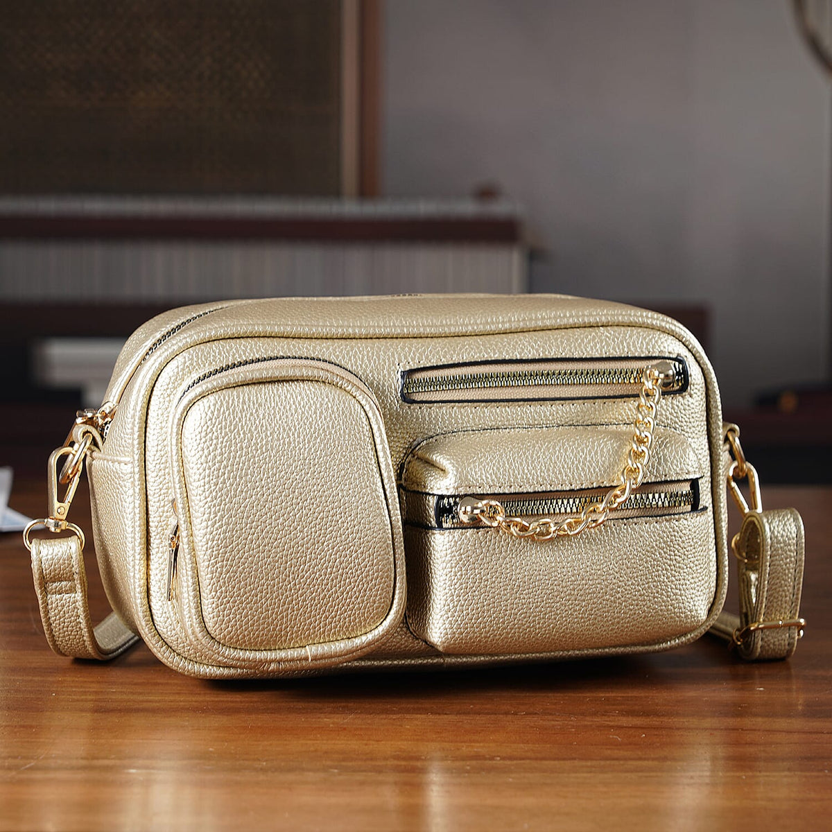 Multi-Pocket Crossbody Bag with Gold Chain Detail - Gold V32668469 2