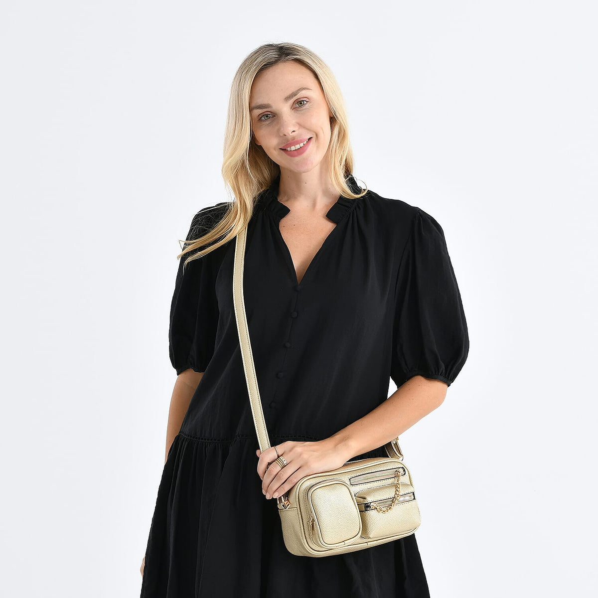 Multi-Pocket Crossbody Bag with Gold Chain Detail - Gold V32668469 3