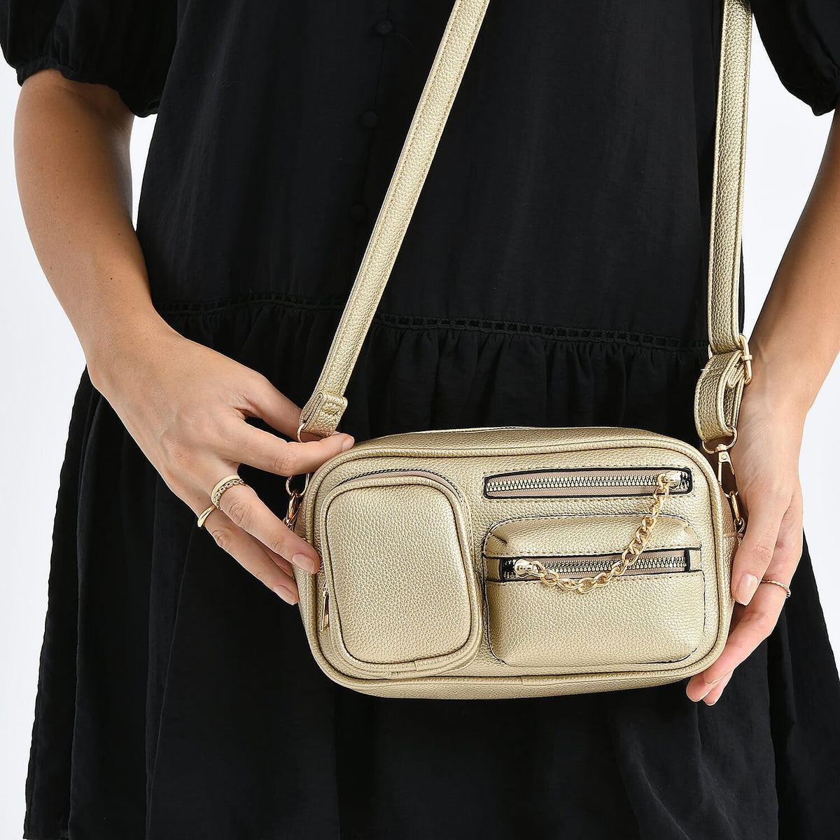 Multi-Pocket Crossbody Bag with Gold Chain Detail - Gold V32668469 4