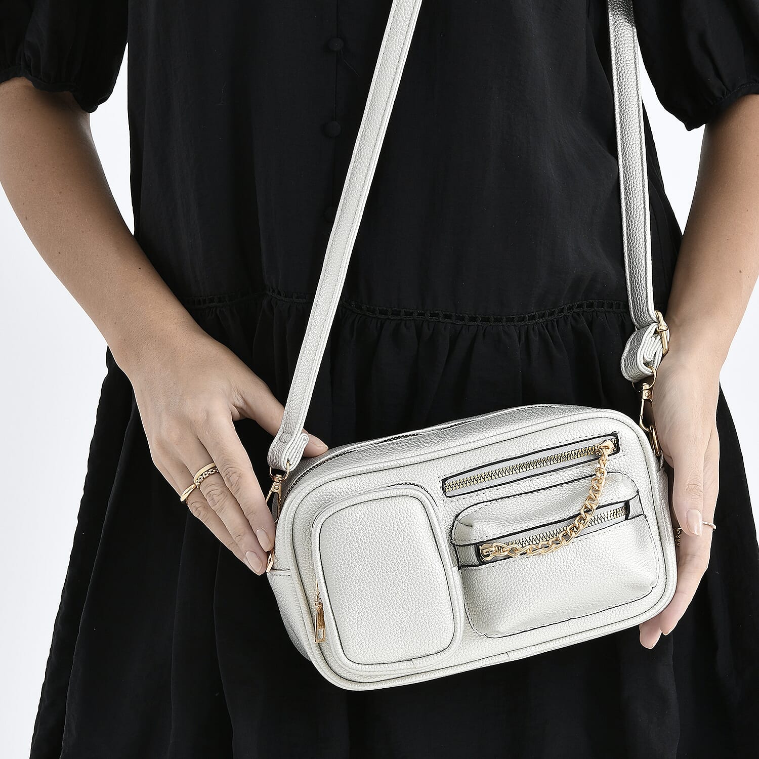 Multi-Pocket Crossbody Bag with Gold Chain Detail - Silver 8252150 4