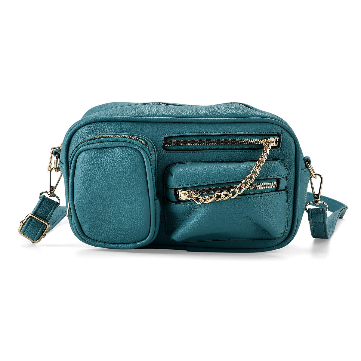 Multi-Pocket Crossbody Bag with Gold Chain Detail - Teal V32565053 0
