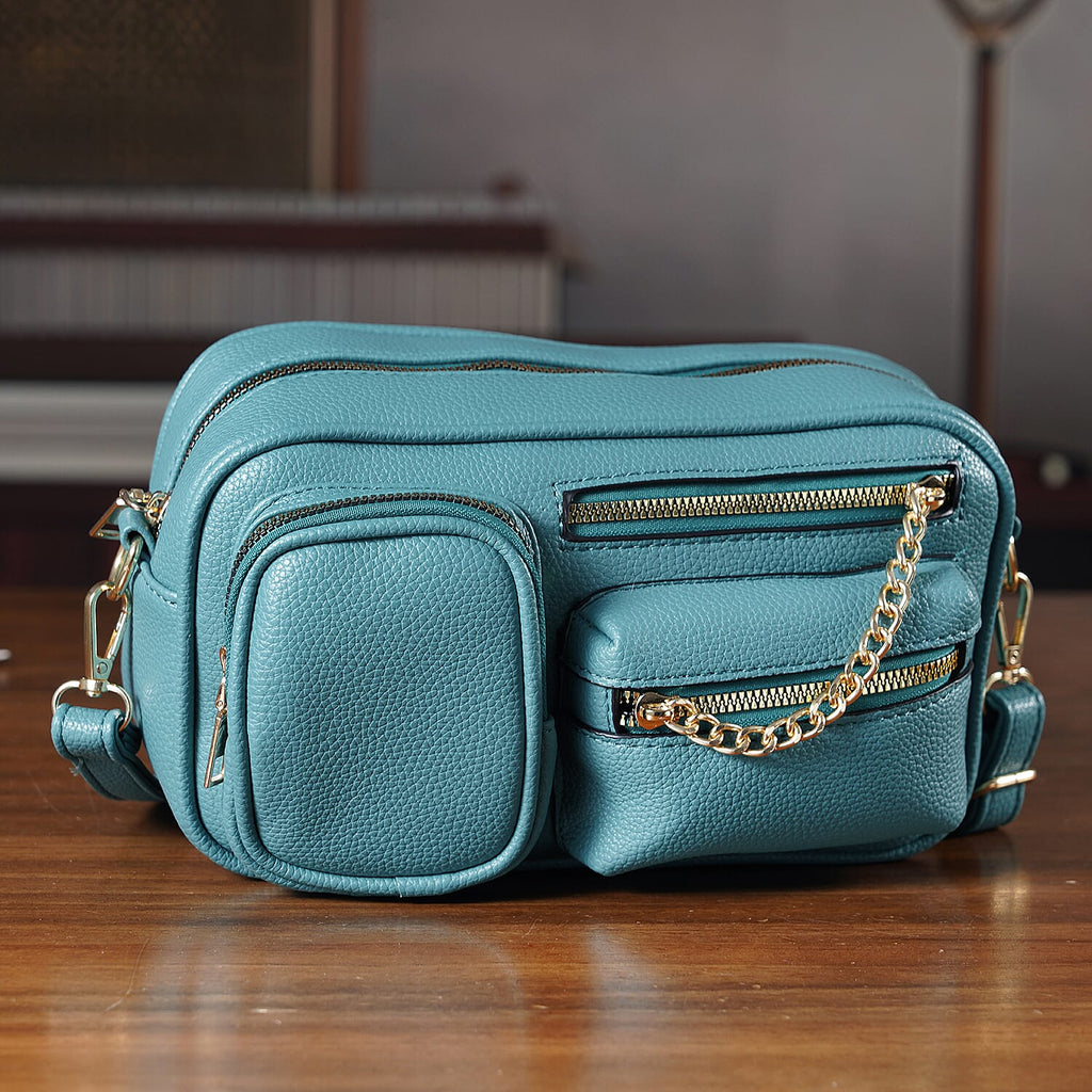 Multi-Pocket Crossbody Bag with Gold Chain Detail - Teal