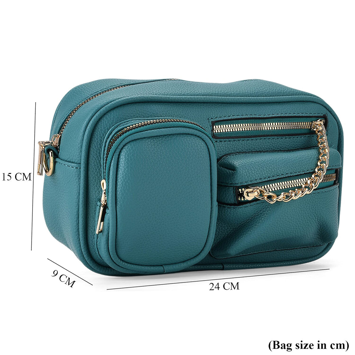 Multi-Pocket Crossbody Bag with Gold Chain Detail - Teal V32565053 8