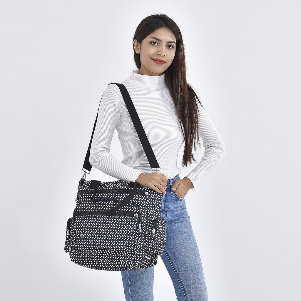 Multi Pocket Leaf Pattern Tote Bag - Navy