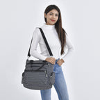 Multi Pocket Leaf Pattern Tote Bag - Navy