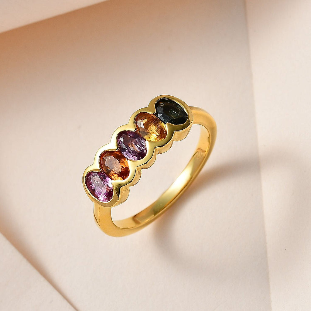 Multi Sapphire 5 Stone Ring in 18K Yellow Gold Vermeil Plaated Sterling Silver 1.63 Ct.