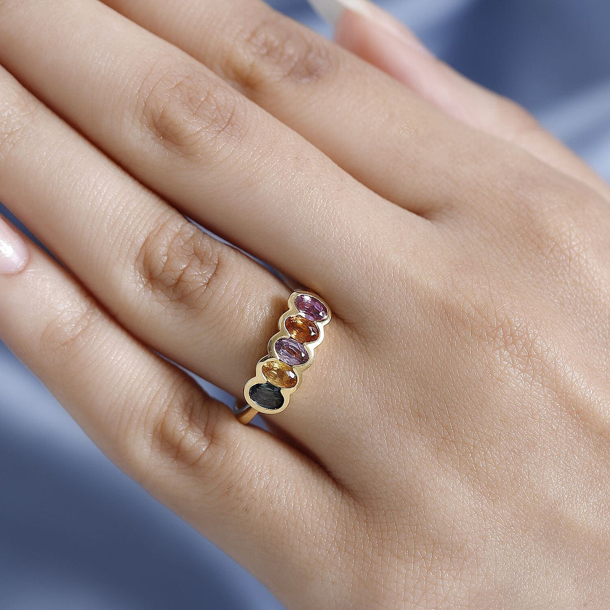 Multi Sapphire 5 Stone Ring in 18K Yellow Gold Vermeil Plaated Sterling Silver 1.63 Ct. 7563068 2