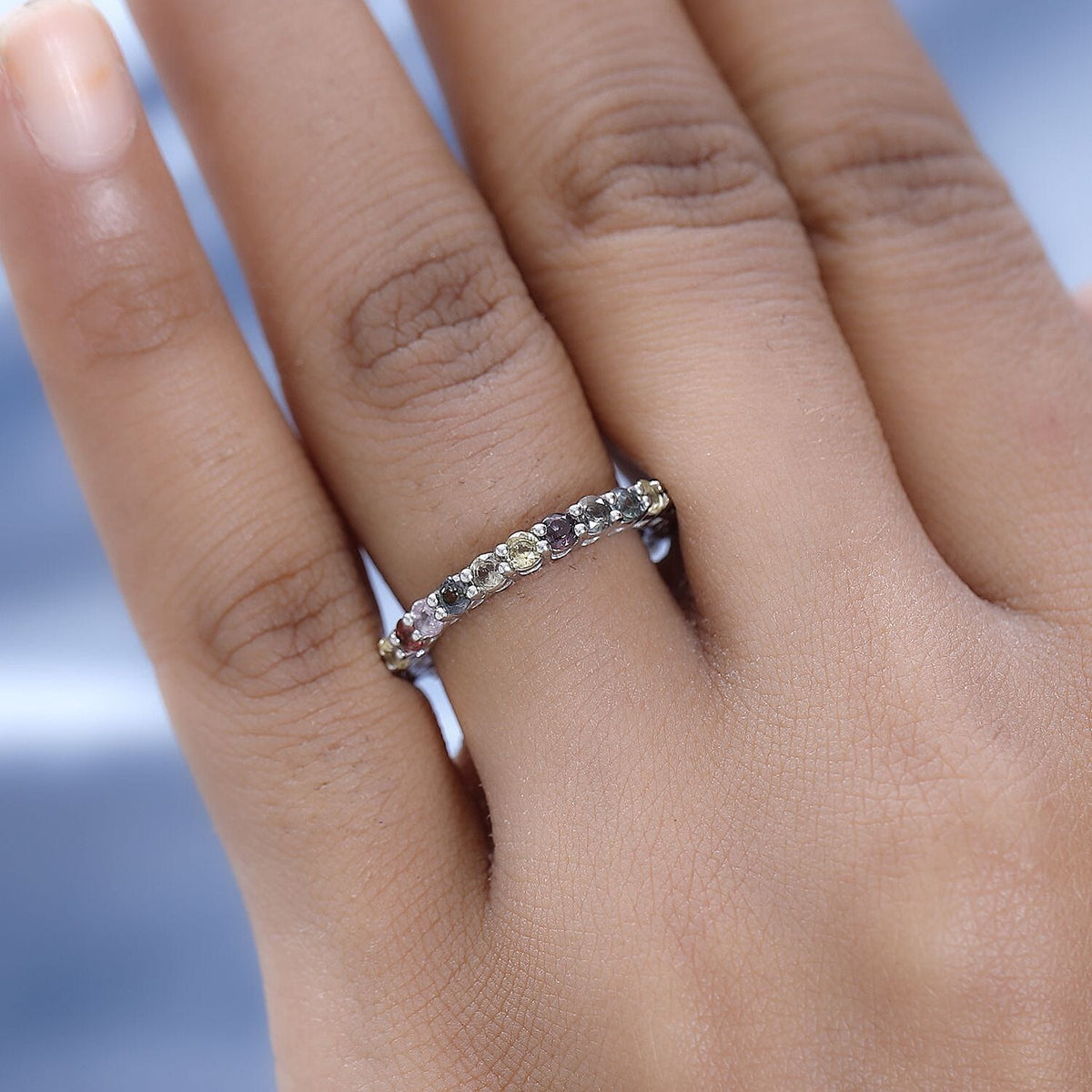 Multi Sapphire Wedding Band Ring in Platinum Overlay Sterling Silver 2.22 Ct. 7562891 2