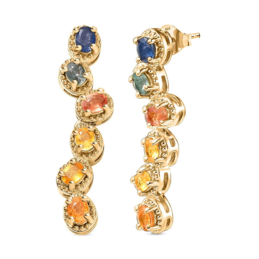 Rainbow Sapphire Dangle Earrings in 18K YG Vermeil Sterling Silver 2.65 Ct.
