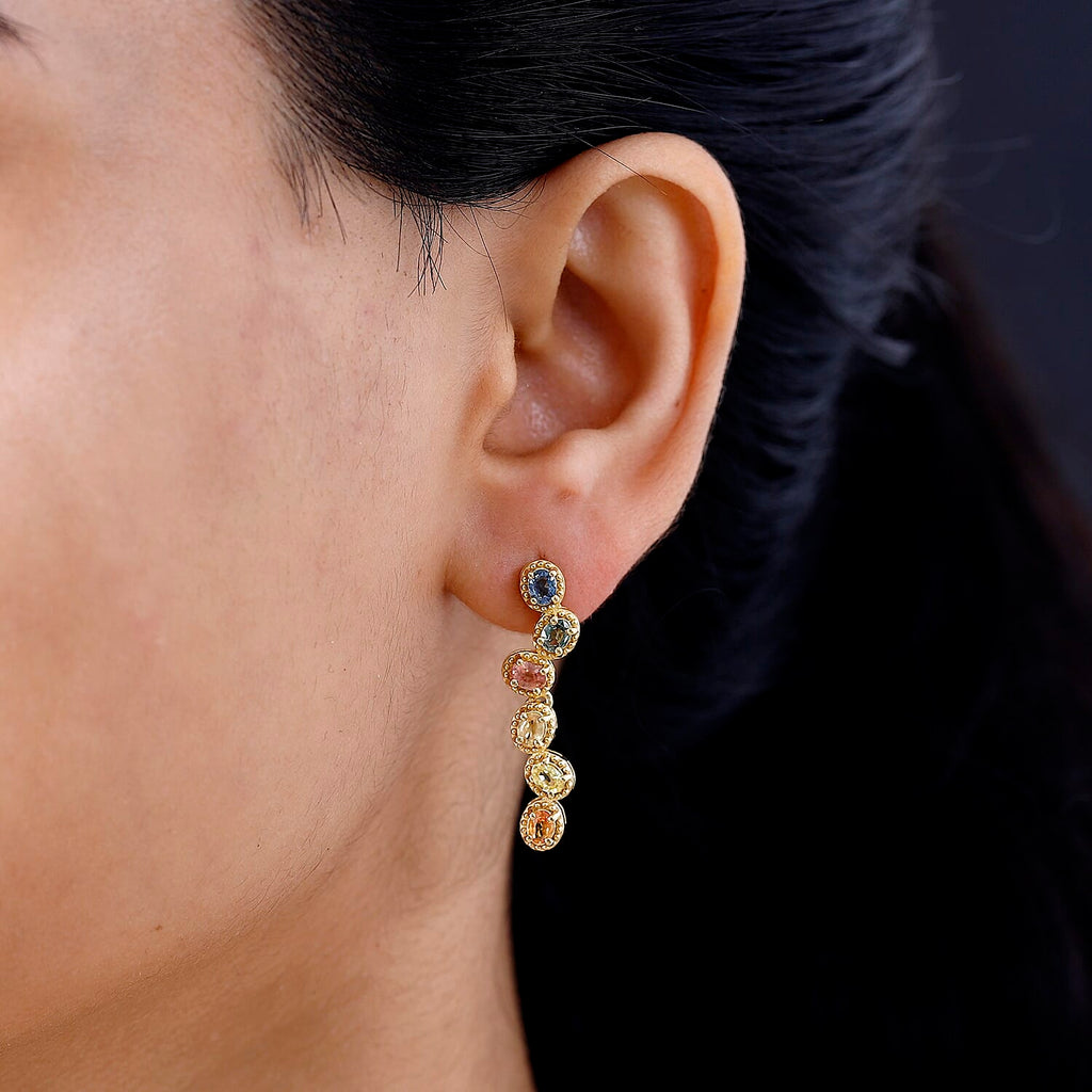 Rainbow Sapphire Dangle Earrings in 18K YG Vermeil Sterling Silver 2.65 Ct.