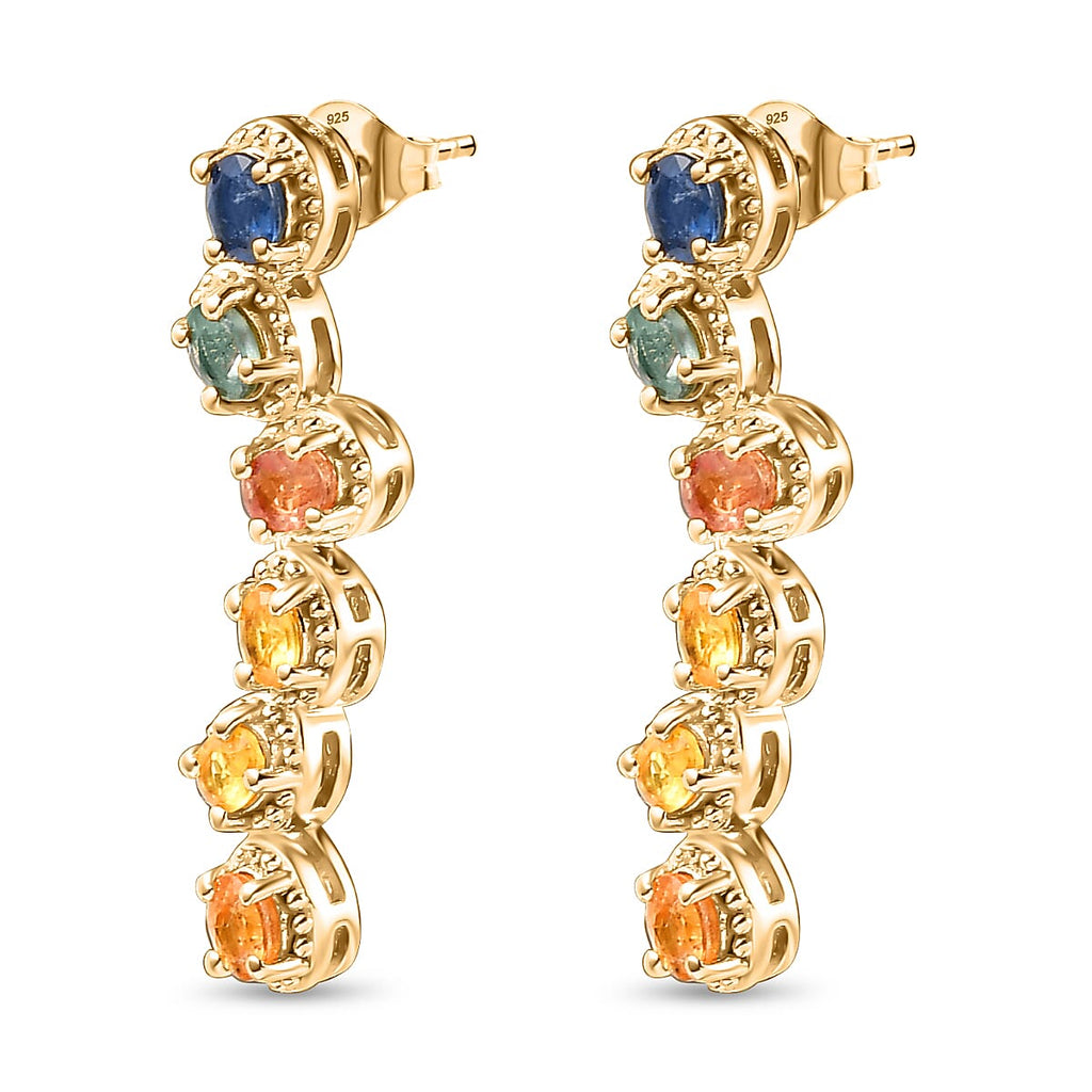 Rainbow Sapphire Dangle Earrings in 18K YG Vermeil Sterling Silver 2.65 Ct.
