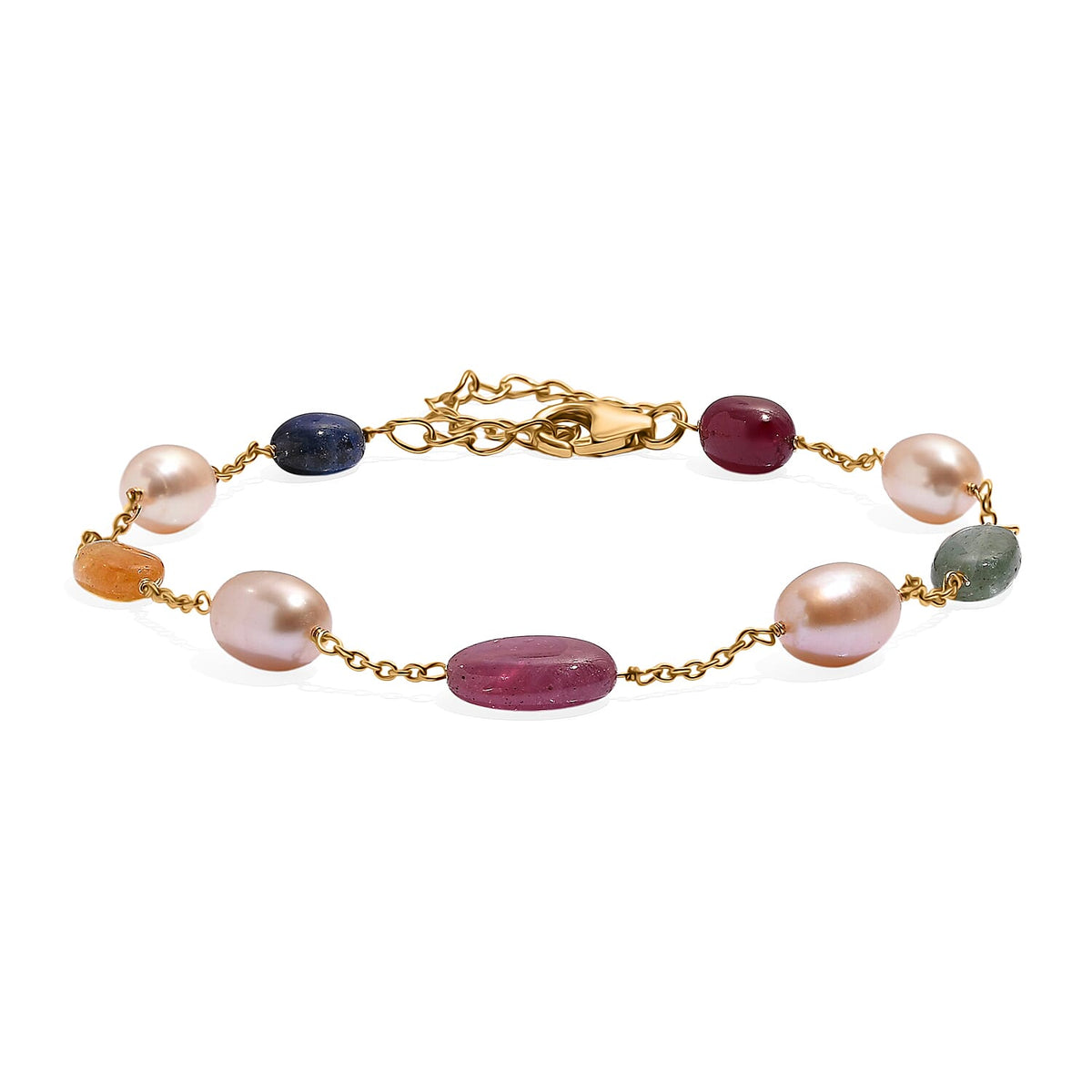 Multi Sapphire &amp; Fresh Water Pearl Bracelet (Size 7.5 - 2 Ext) in 18K Vermeil Yellow Gold Plated Sterling Silver 32.00 Ct. 8250721 0