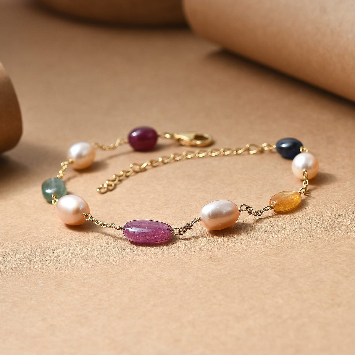 Multi Sapphire &amp; Fresh Water Pearl Bracelet (Size 7.5 - 2 Ext) in 18K Vermeil Yellow Gold Plated Sterling Silver 32.00 Ct. 8250721 1