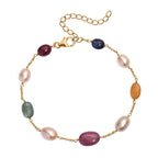 Multi Sapphire & Fresh Water Pearl Bracelet (Size 7.5 - 2 Ext) in 18K Vermeil Yellow Gold Plated Sterling Silver 32.00 Ct.