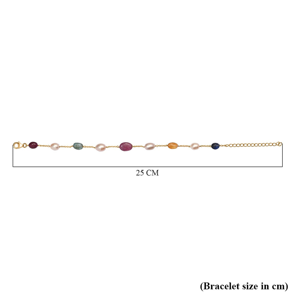 Multi Sapphire & Fresh Water Pearl Bracelet (Size 7.5 - 2 Ext) in 18K Vermeil Yellow Gold Plated Sterling Silver 32.00 Ct.