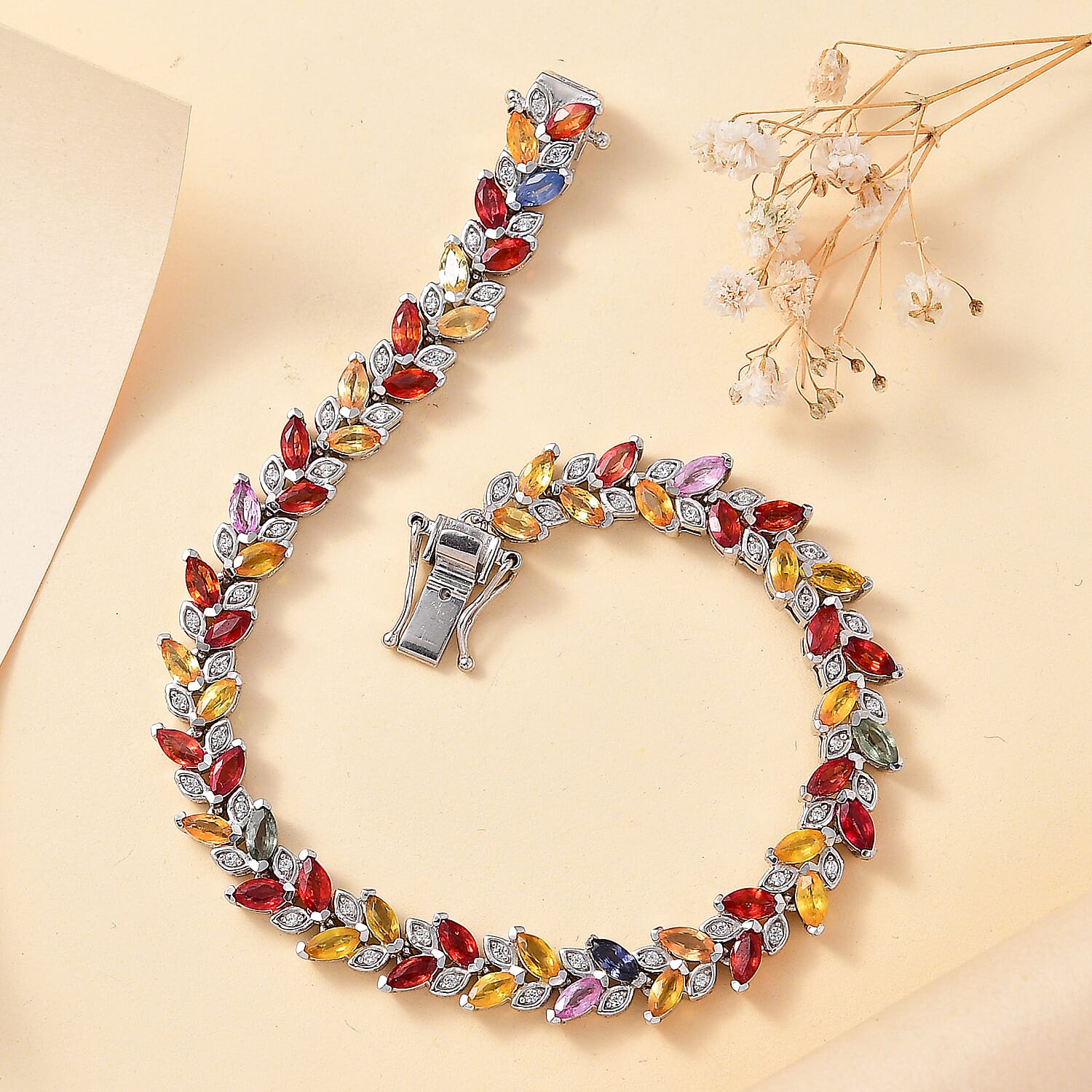 Multi Sapphire , White Zircon Cluster Bracelet (Size - 7) in Rhodium Plated Sterling Silver, Silver Wt. 12.75 Gms 10.267 Ct. 7806317 2