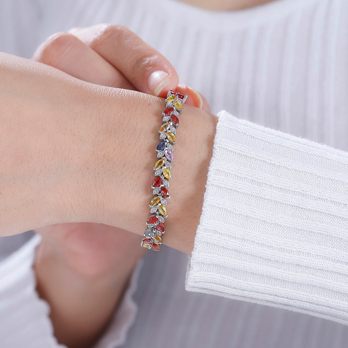 Multi Sapphire , White Zircon Cluster Bracelet (Size - 7) in Rhodium Plated Sterling Silver, Silver Wt. 12.75 Gms 10.267 Ct. 7806317 3
