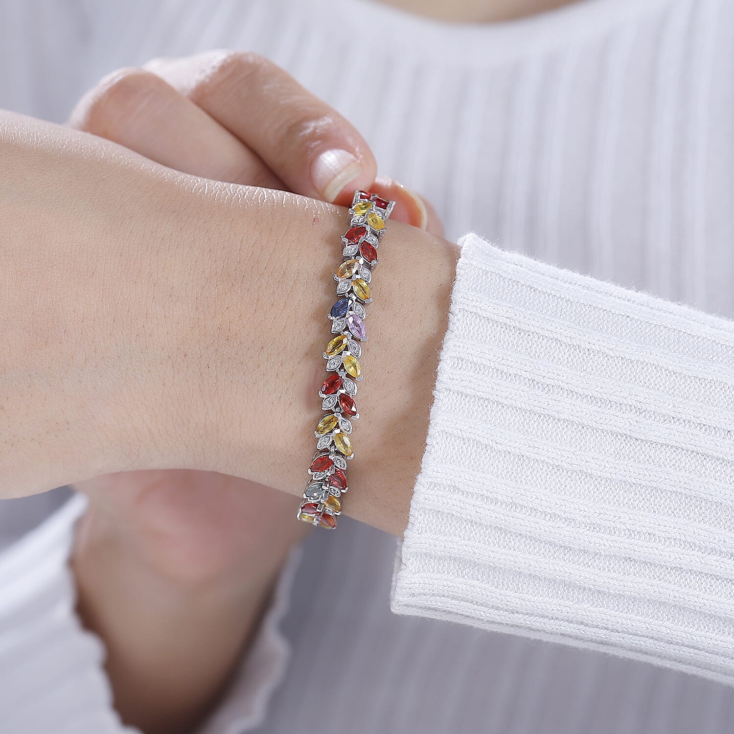 Multi Sapphire , White Zircon Cluster Bracelet (Size - 7) in Rhodium Plated Sterling Silver, Silver Wt. 12.75 Gms 10.267 Ct. 7806317 3