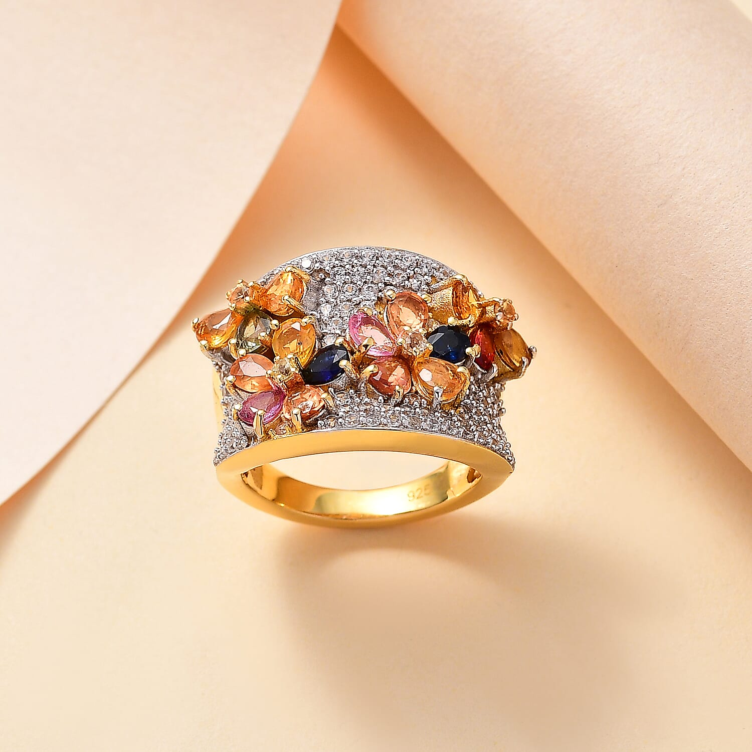 Rainbow Sapphire and Natural Zircon Cluster Ring in 18K Yellow Gold Vermeil Plated Sterling Silver 4.21 Ct 7818374 1