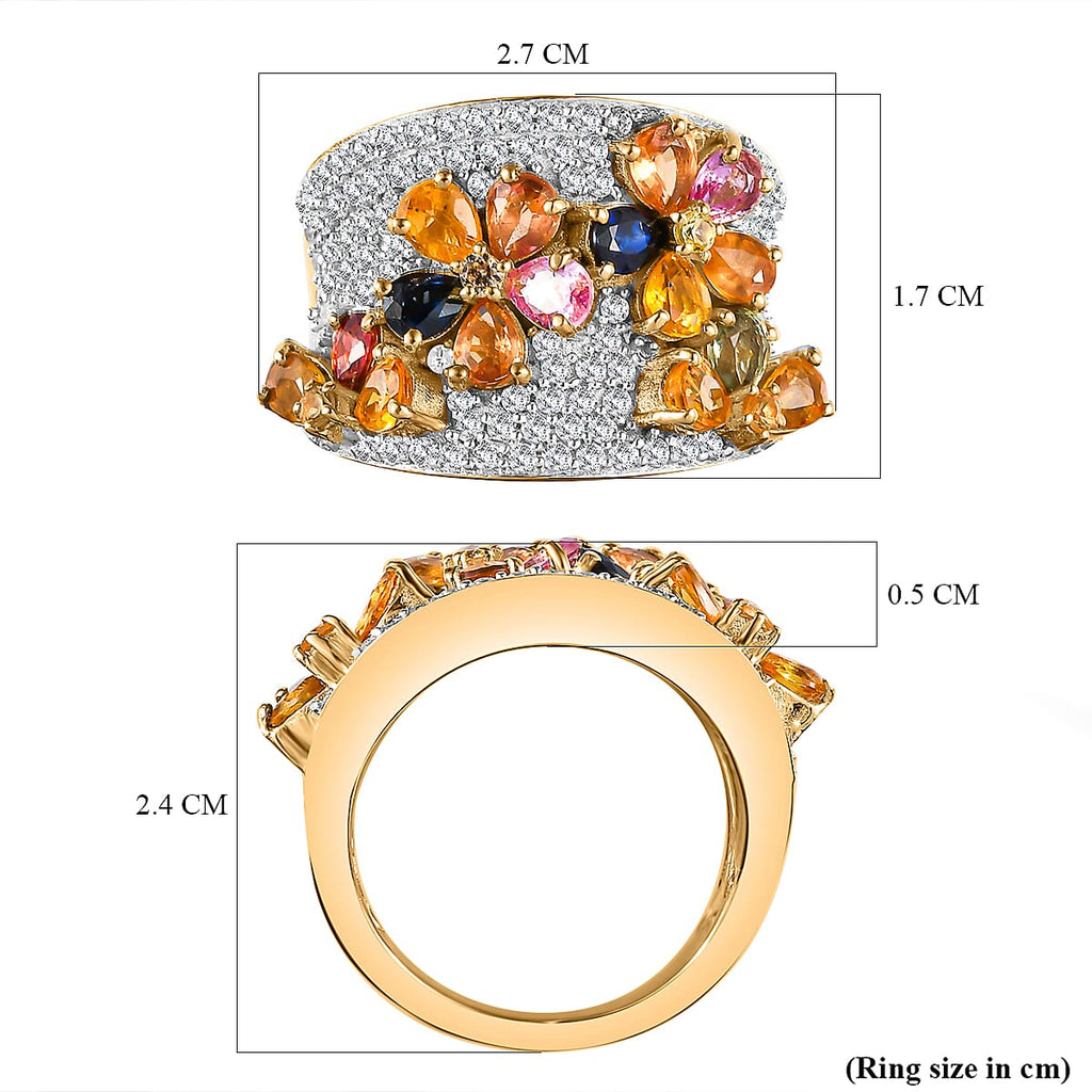 Rainbow Sapphire & Natural Zircon Cluster Ring in 18K Vermeil Yellow Gold Plated Sterling Silver 4.22 Ct