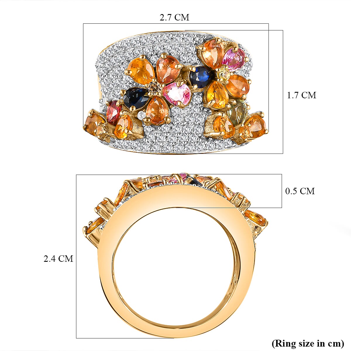 Rainbow Sapphire and Natural Zircon Cluster Ring in 18K Yellow Gold Vermeil Plated Sterling Silver 4.21 Ct 7818374 5